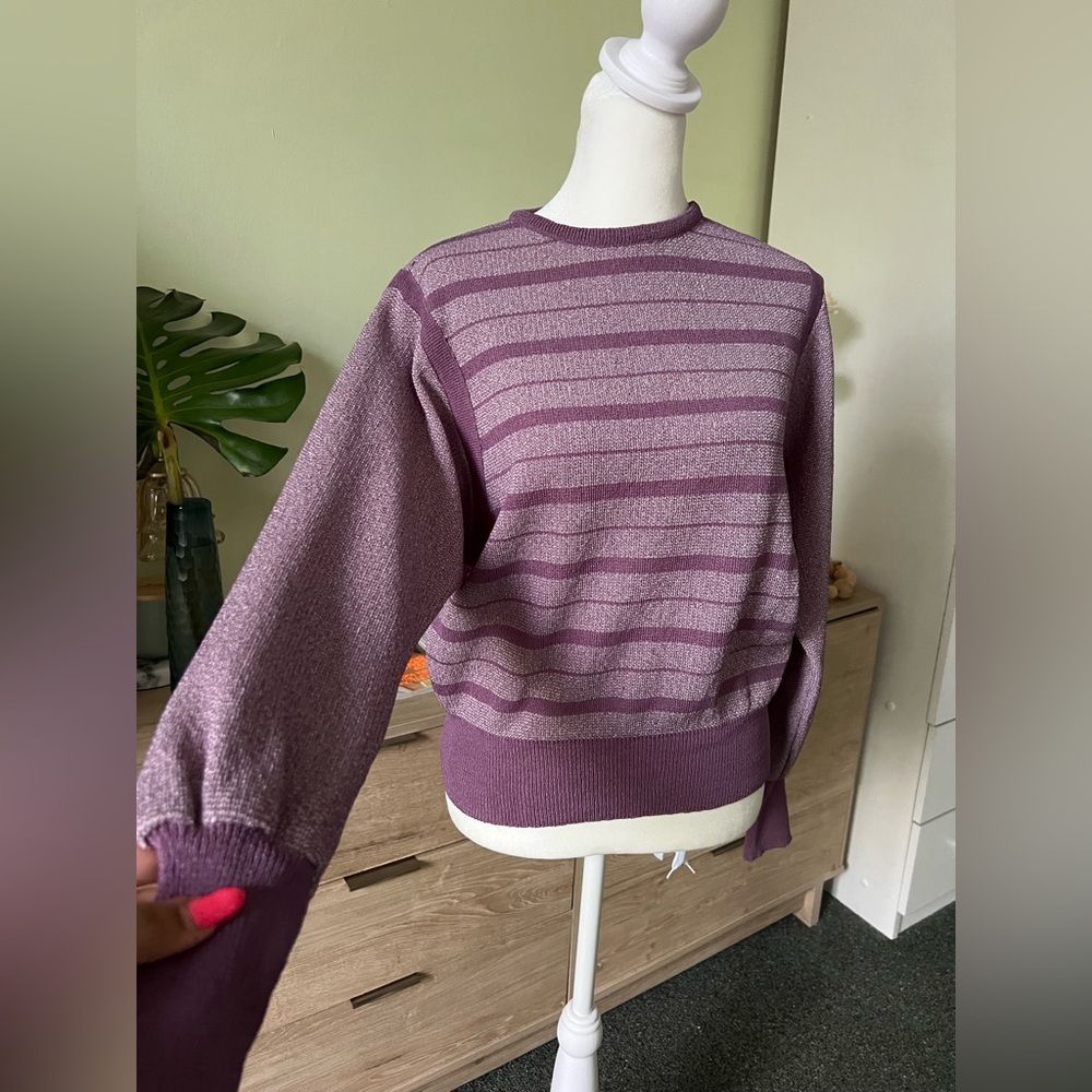 Vintage Pastel Purple Balloon Sleeve Striped Relaxed Fit Knit Modest Sweater M - Picture 6 of 16